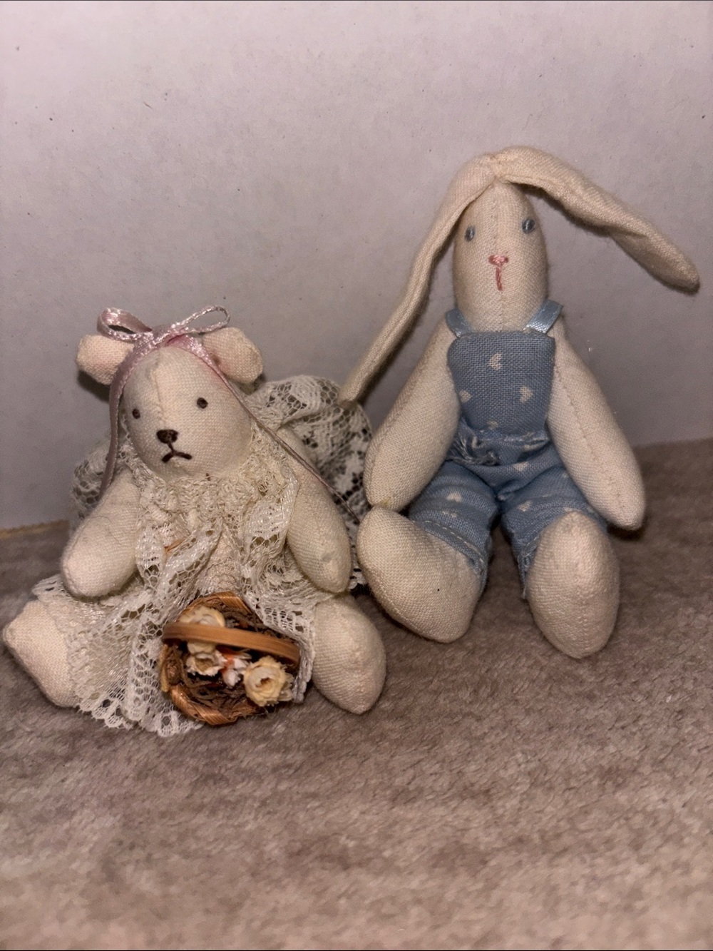 Vintage Tiny Cream Fabric Bunny and Bear cottage core  Overalls basket flowers